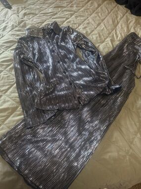 Metallic Pleated Button-Up Top and Matching Skirt Set - Silver Black